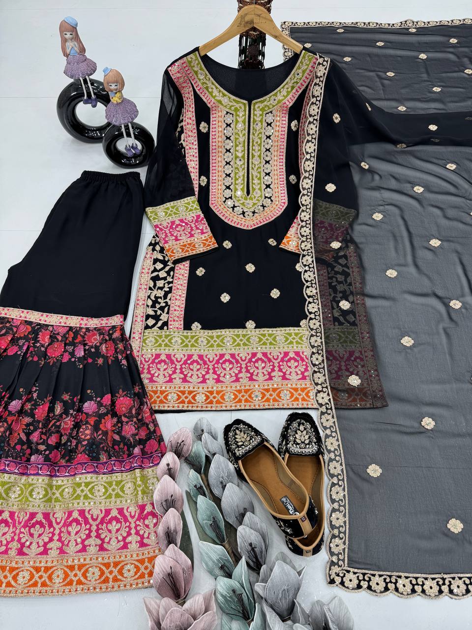 Exclusive Black Color Heavy Fuax Georgette Embroidery Sequences Work Palazzo Suit