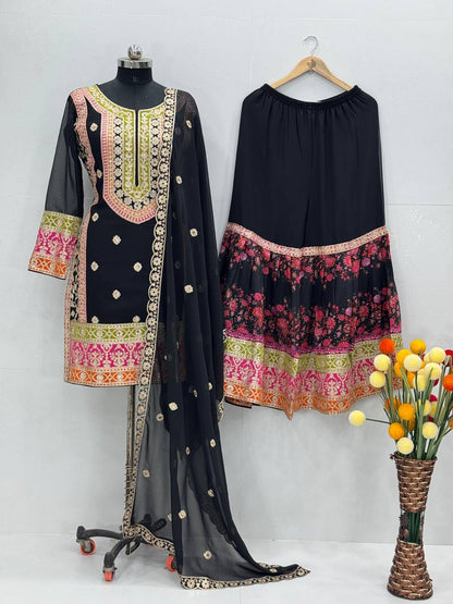 Exclusive Black Color Heavy Fuax Georgette Embroidery Sequences Work Palazzo Suit
