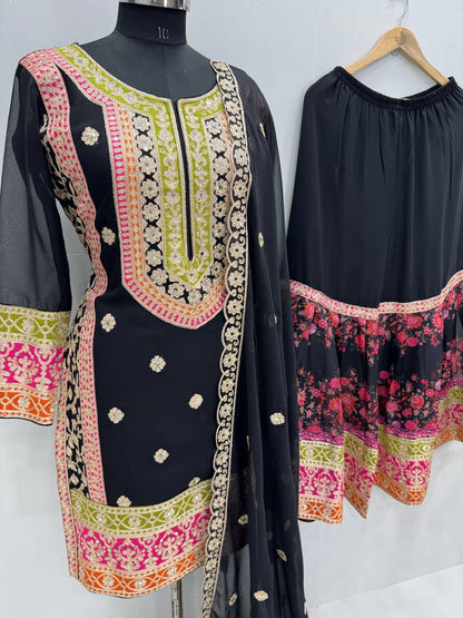 Exclusive Black Color Heavy Fuax Georgette Embroidery Sequences Work Palazzo Suit