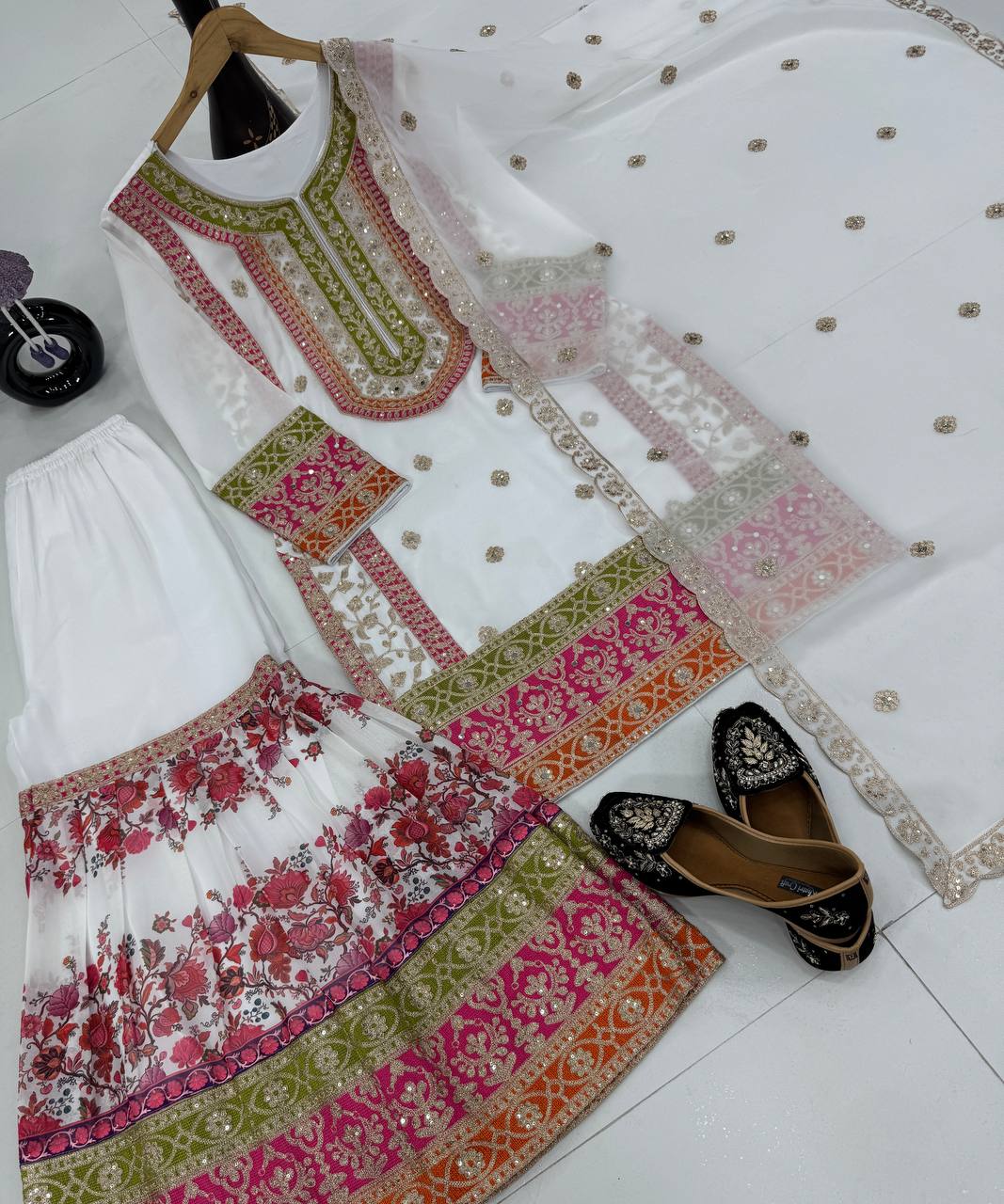 Exclusive White Color Heavy Fuax Georgette Embroidery Sequences Work Palazzo Suit