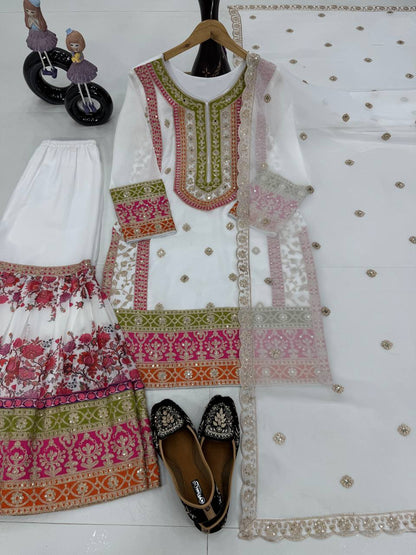 Exclusive White Color Heavy Fuax Georgette Embroidery Sequences Work Palazzo Suit