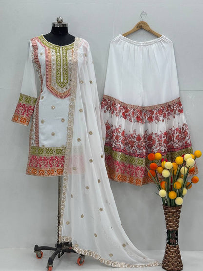 Exclusive White Color Heavy Fuax Georgette Embroidery Sequences Work Palazzo Suit