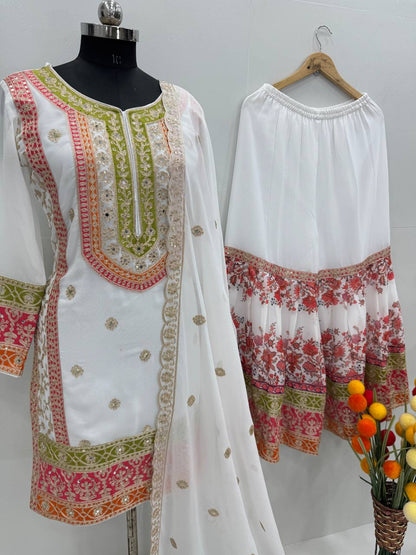 Exclusive White Color Heavy Fuax Georgette Embroidery Sequences Work Palazzo Suit