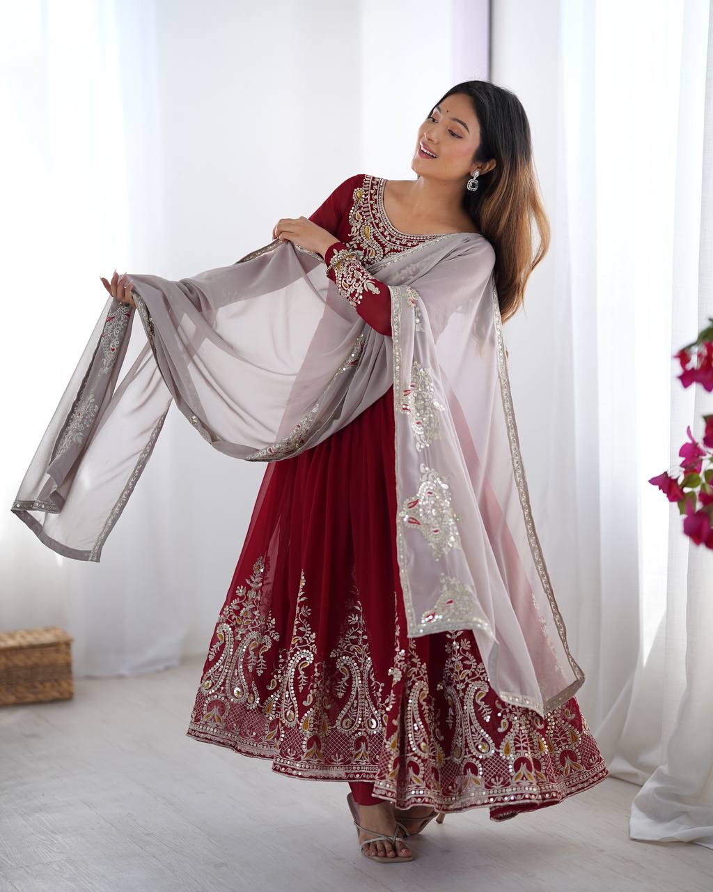 Reception Wear Marron Color Georgette With Multi Thread Embroidery Sequence Work Designer Gown