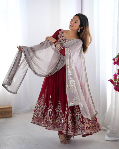 Reception Wear Marron Color Georgette With Multi Thread Embroidery Sequence Work Designer Gown