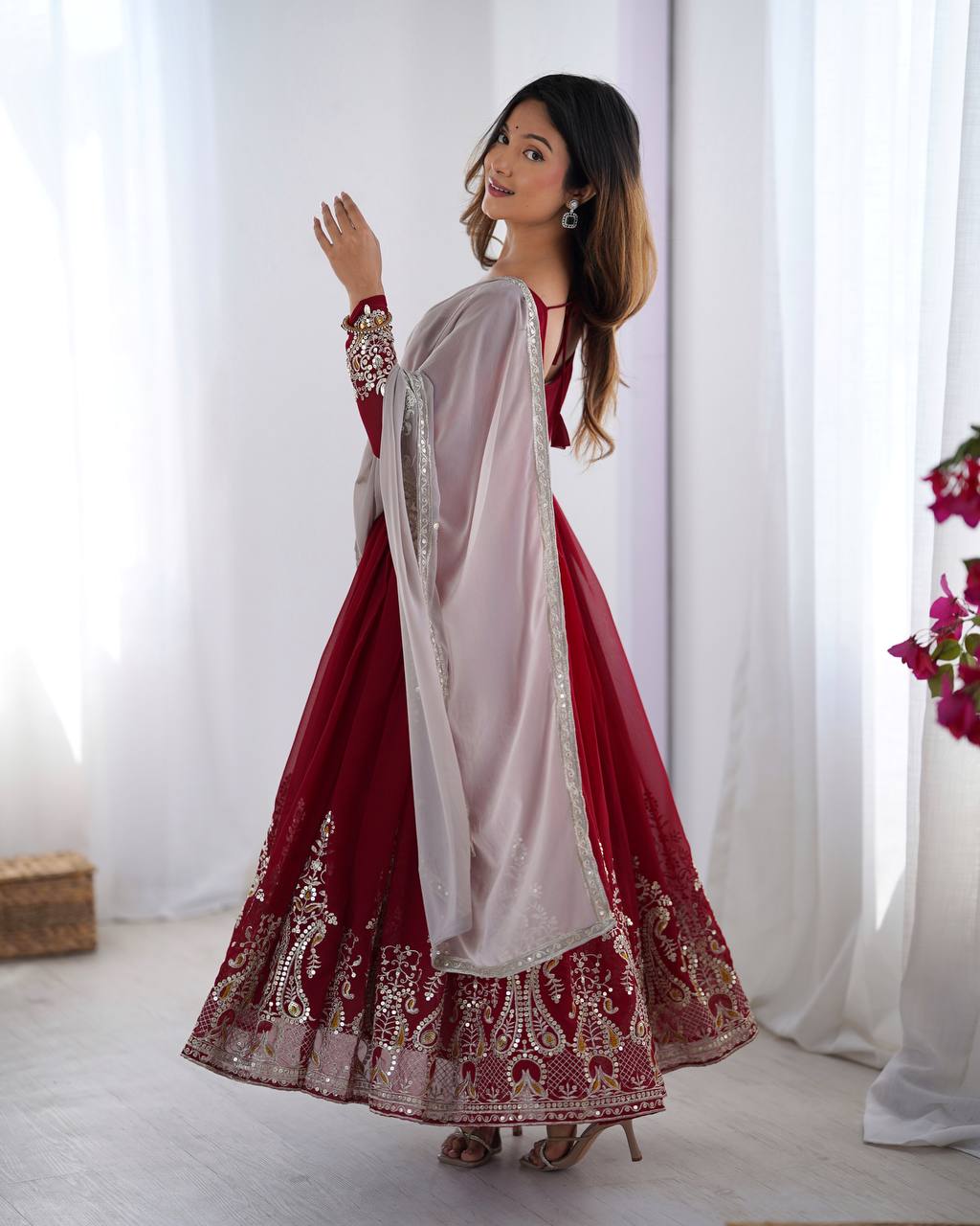 Reception Wear Marron Color Georgette With Multi Thread Embroidery Sequence Work Designer Gown
