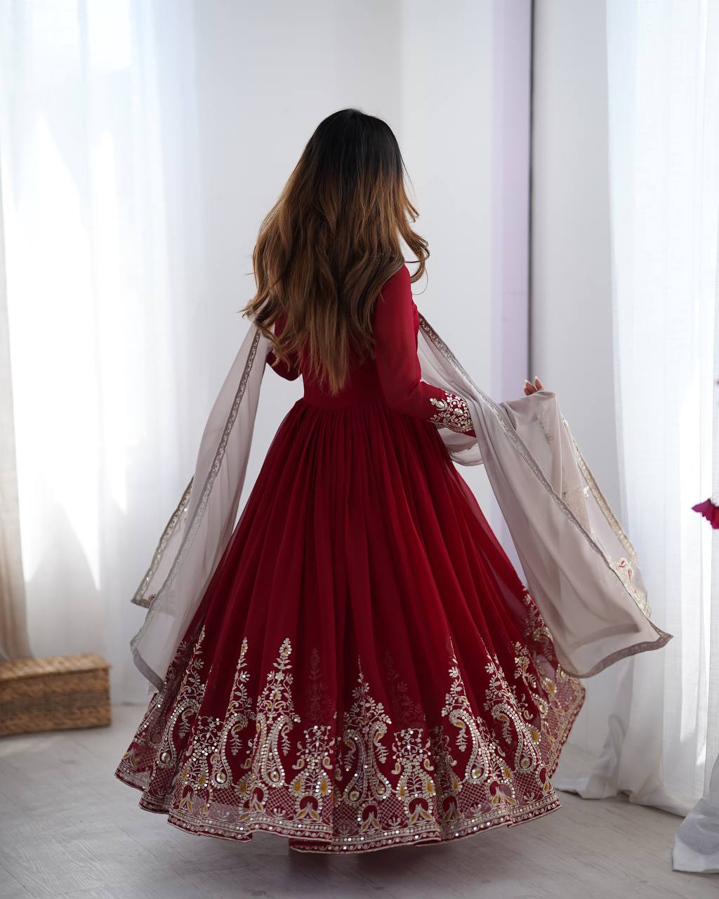 Reception Wear Marron Color Georgette With Multi Thread Embroidery Sequence Work Designer Gown