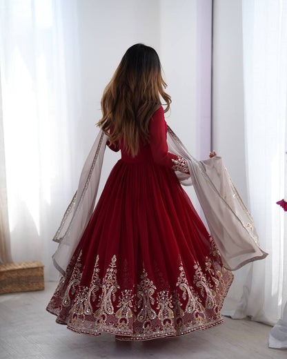 Reception Wear Marron Color Georgette With Multi Thread Embroidery Sequence Work Designer Gown