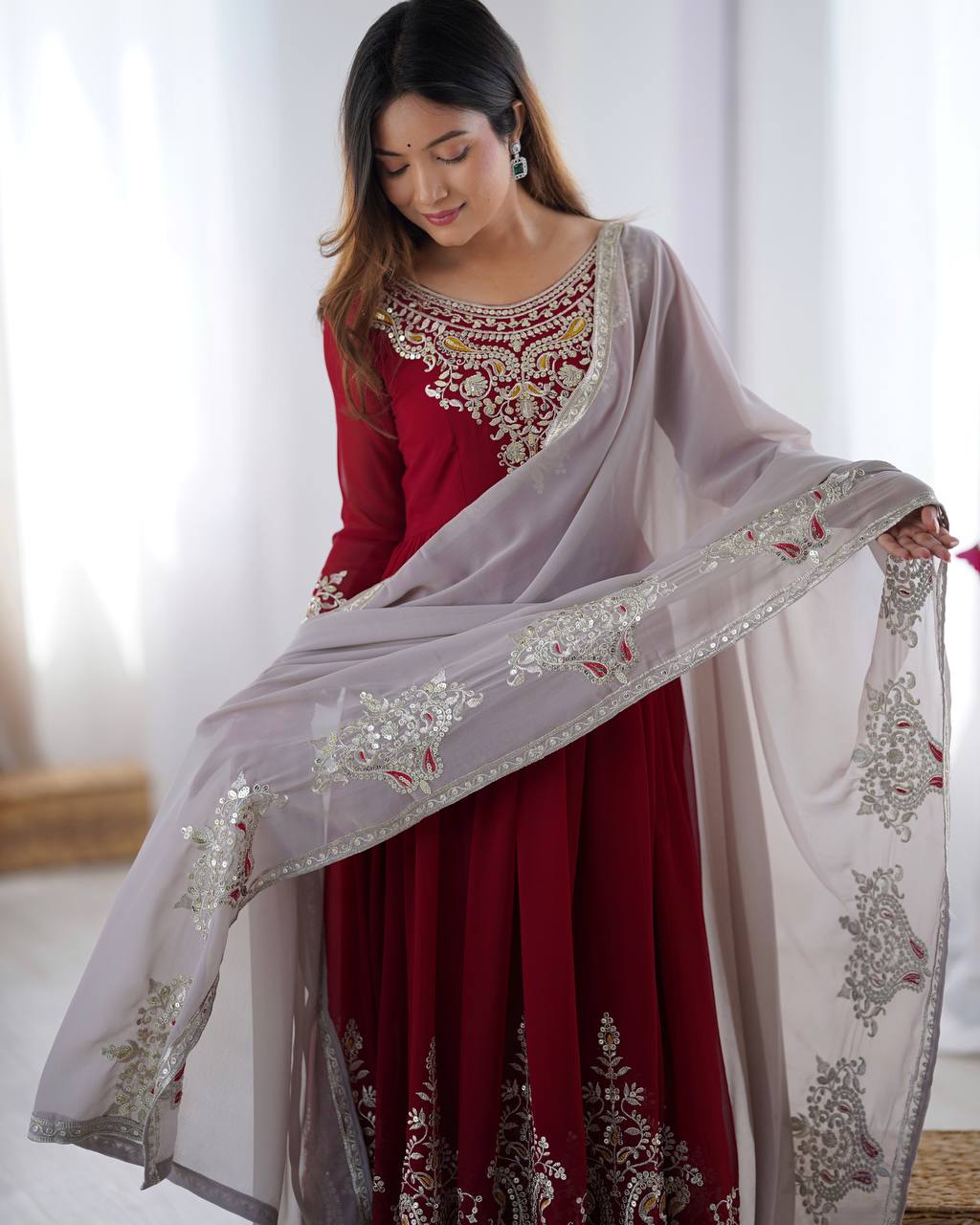 Reception Wear Marron Color Georgette With Multi Thread Embroidery Sequence Work Designer Gown