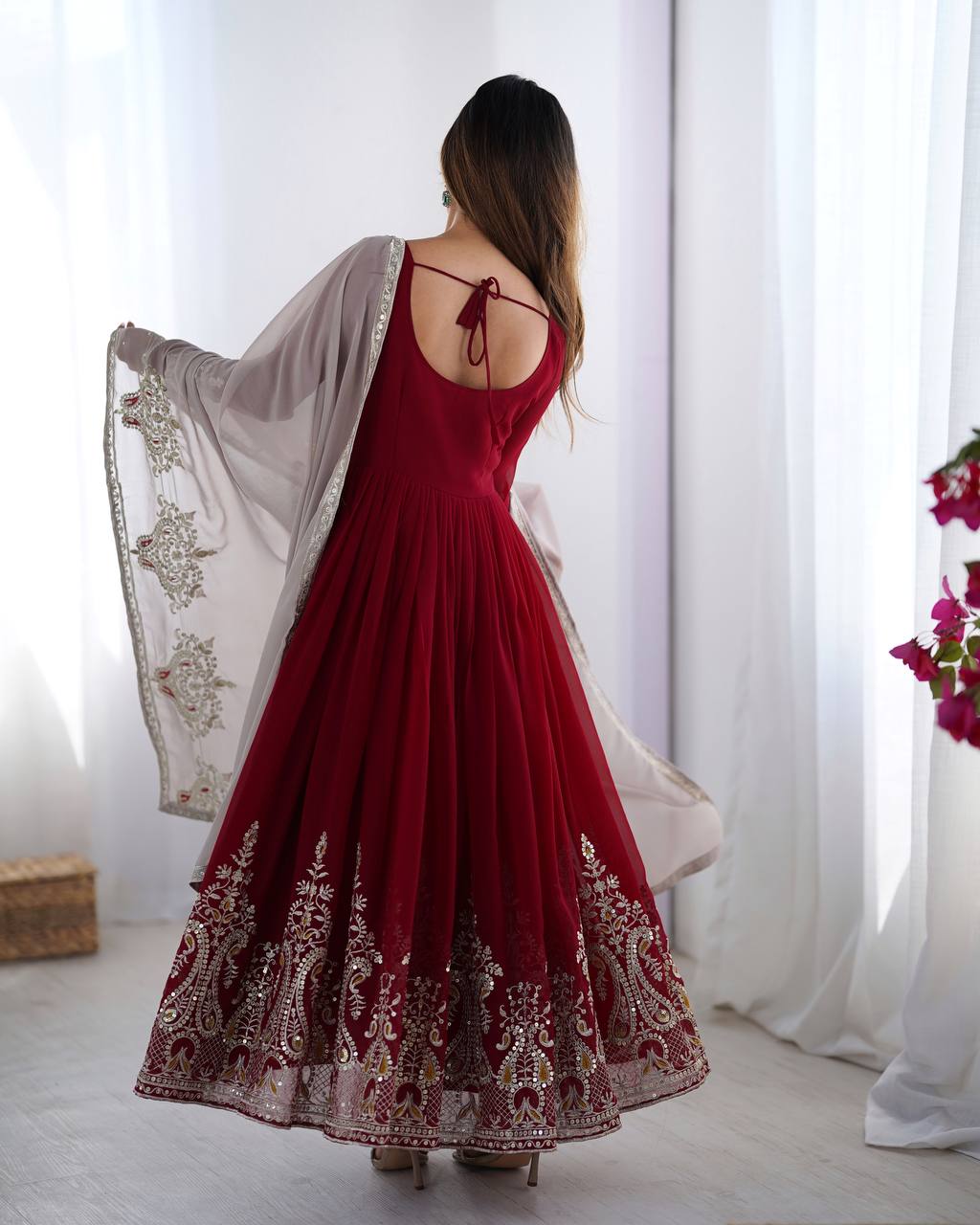 Reception Wear Marron Color Georgette With Multi Thread Embroidery Sequence Work Designer Gown