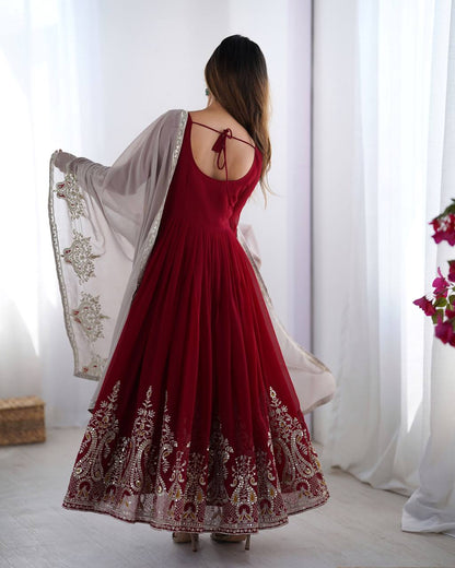 Reception Wear Marron Color Georgette With Multi Thread Embroidery Sequence Work Designer Gown