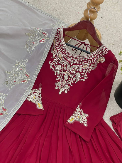 Reception Wear Marron Color Georgette With Multi Thread Embroidery Sequence Work Designer Gown