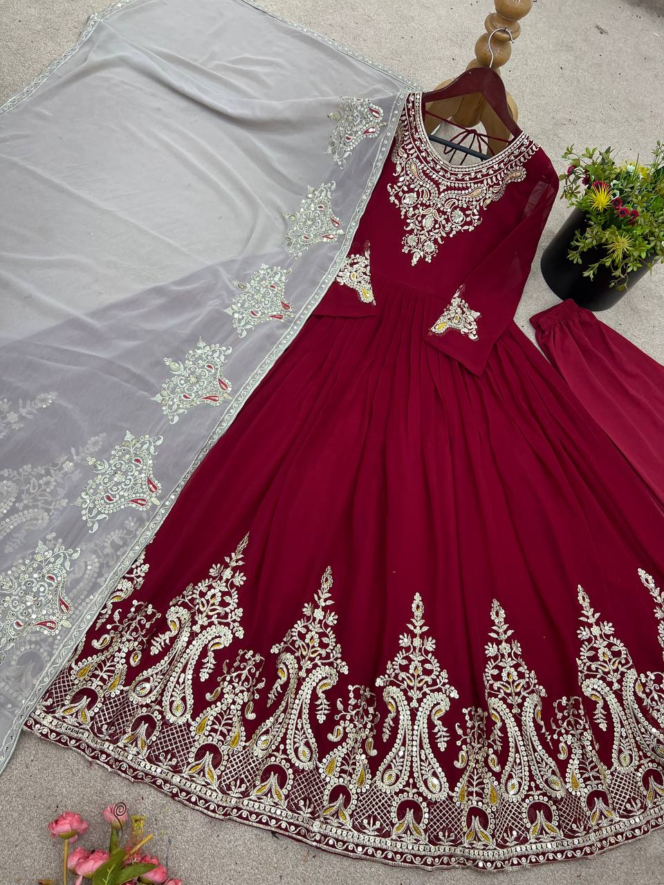 Reception Wear Marron Color Georgette With Multi Thread Embroidery Sequence Work Designer Gown