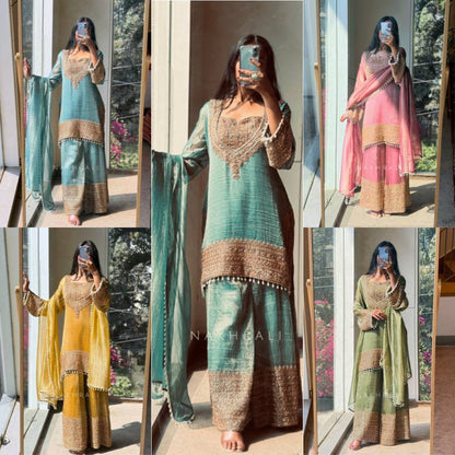Wedding Wear Fendy Silk Embroidered Sharara Suit Set