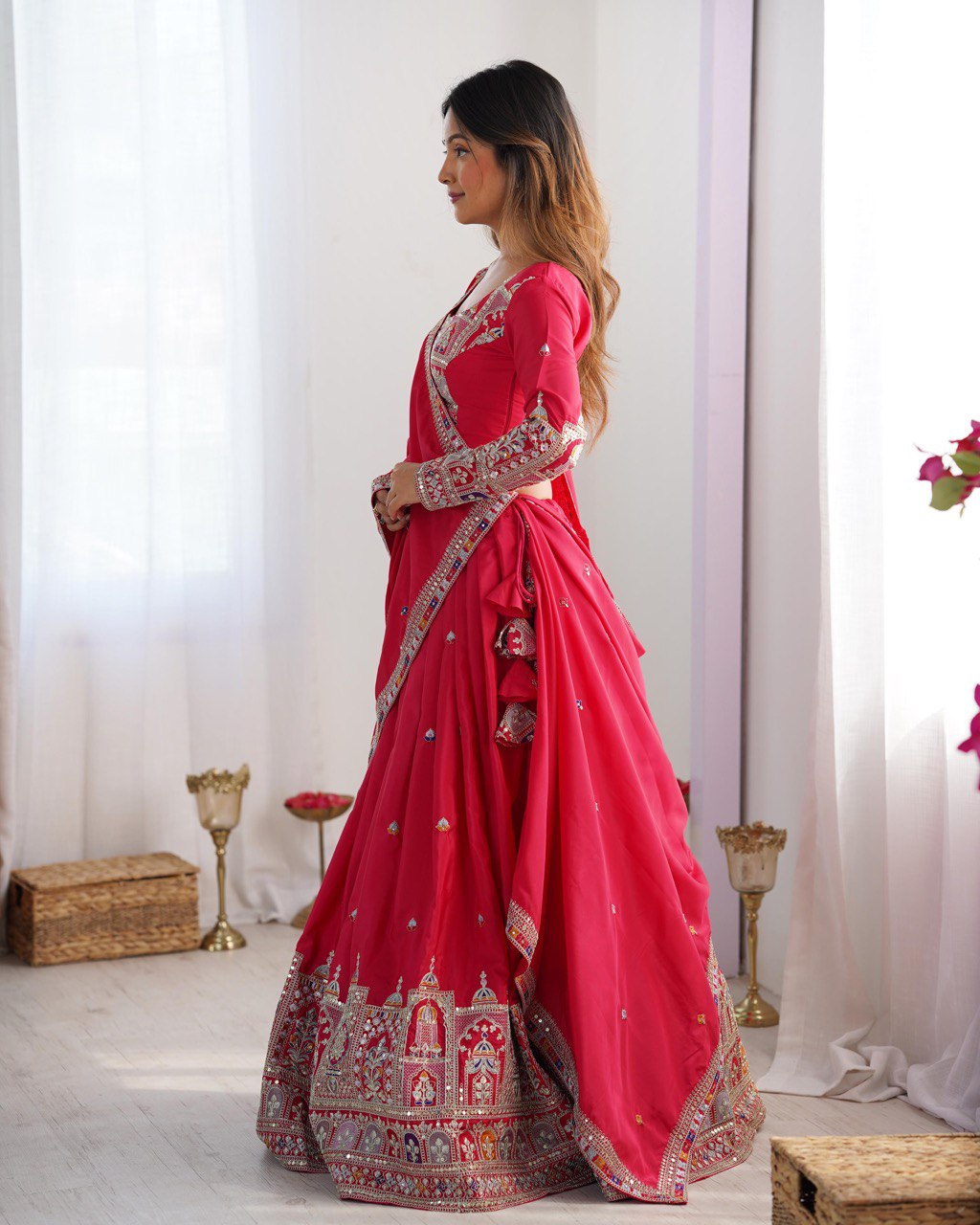 Wedding Wear Red Color Natural Crepe Silk Thread With Sequence Work Lehenga Choli