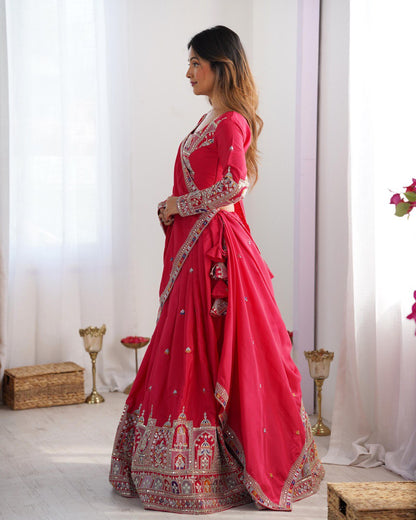 Wedding Wear Red Color Natural Crepe Silk Thread With Sequence Work Lehenga Choli