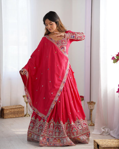 Wedding Wear Red Color Natural Crepe Silk Thread With Sequence Work Lehenga Choli