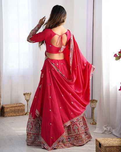 Wedding Wear Red Color Natural Crepe Silk Thread With Sequence Work Lehenga Choli