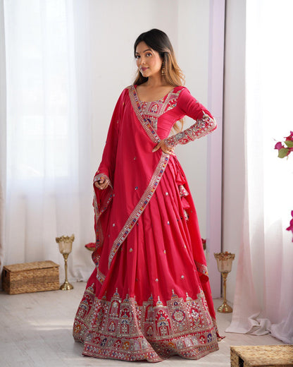 Wedding Wear Red Color Natural Crepe Silk Thread With Sequence Work Lehenga Choli