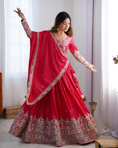 Wedding Wear Red Color Natural Crepe Silk Thread With Sequence Work Lehenga Choli