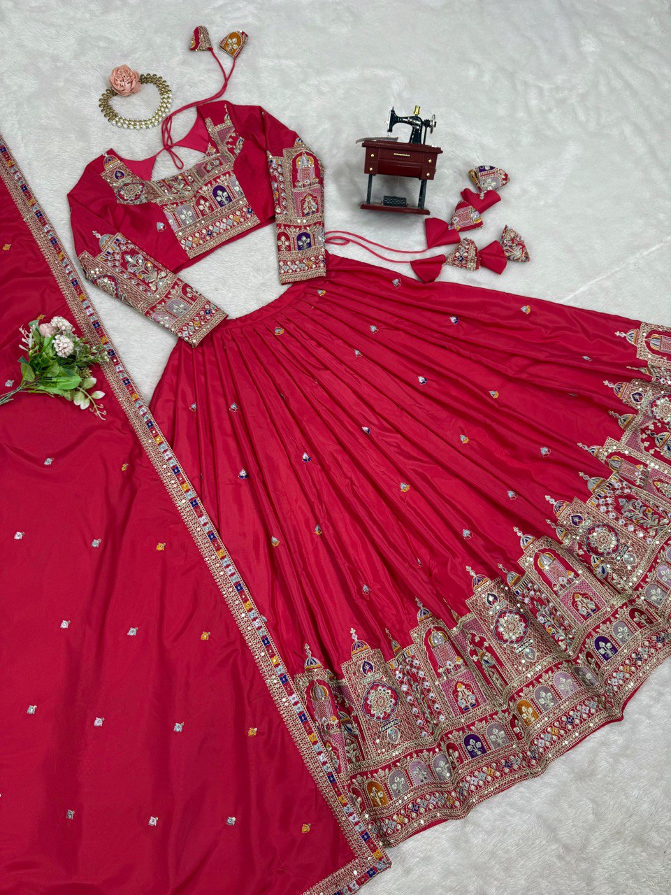 Wedding Wear Red Color Natural Crepe Silk Thread With Sequence Work Lehenga Choli