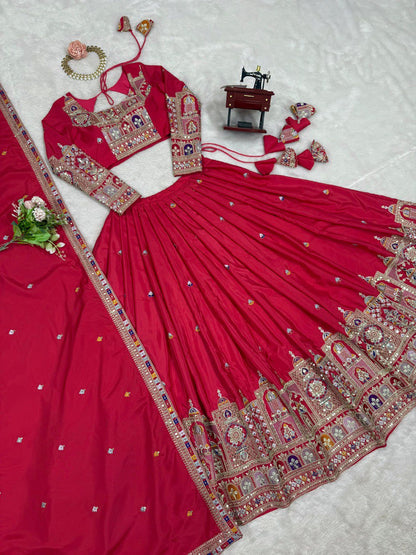 Wedding Wear Red Color Natural Crepe Silk Thread With Sequence Work Lehenga Choli