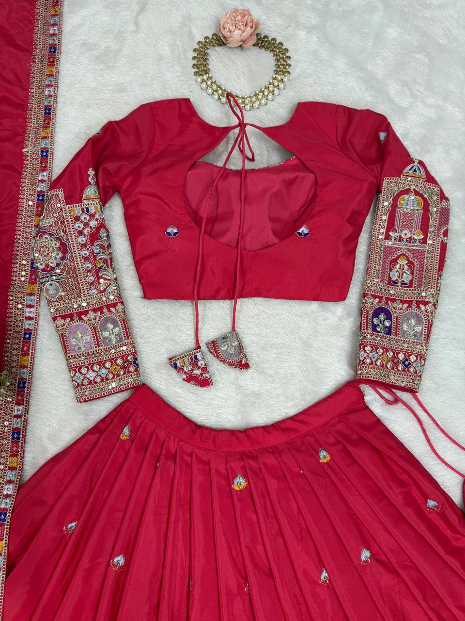 Wedding Wear Red Color Natural Crepe Silk Thread With Sequence Work Lehenga Choli