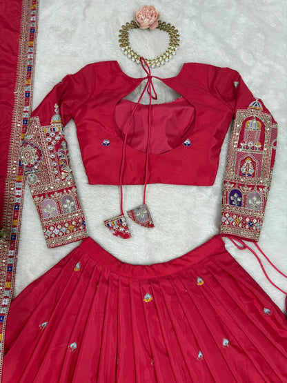 Wedding Wear Red Color Natural Crepe Silk Thread With Sequence Work Lehenga Choli