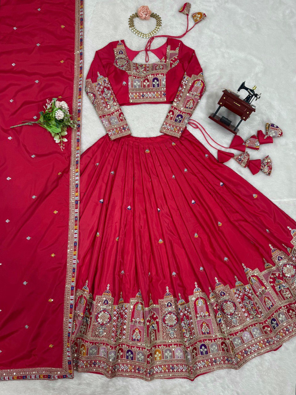 Wedding Wear Red Color Natural Crepe Silk Thread With Sequence Work Lehenga Choli