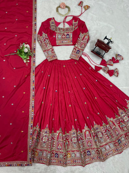 Wedding Wear Red Color Natural Crepe Silk Thread With Sequence Work Lehenga Choli