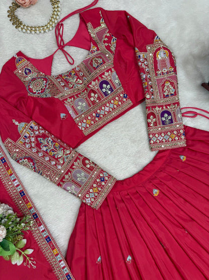 Wedding Wear Red Color Natural Crepe Silk Thread With Sequence Work Lehenga Choli