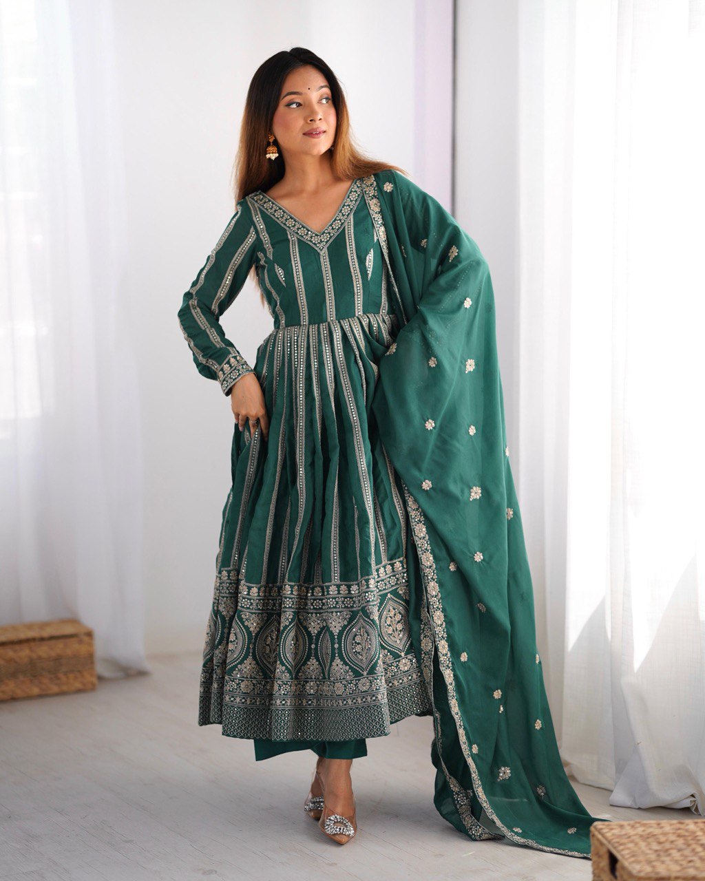 Festive Wear Green Color Star Georgette  Thread And Sequence Work Anarkali Suit