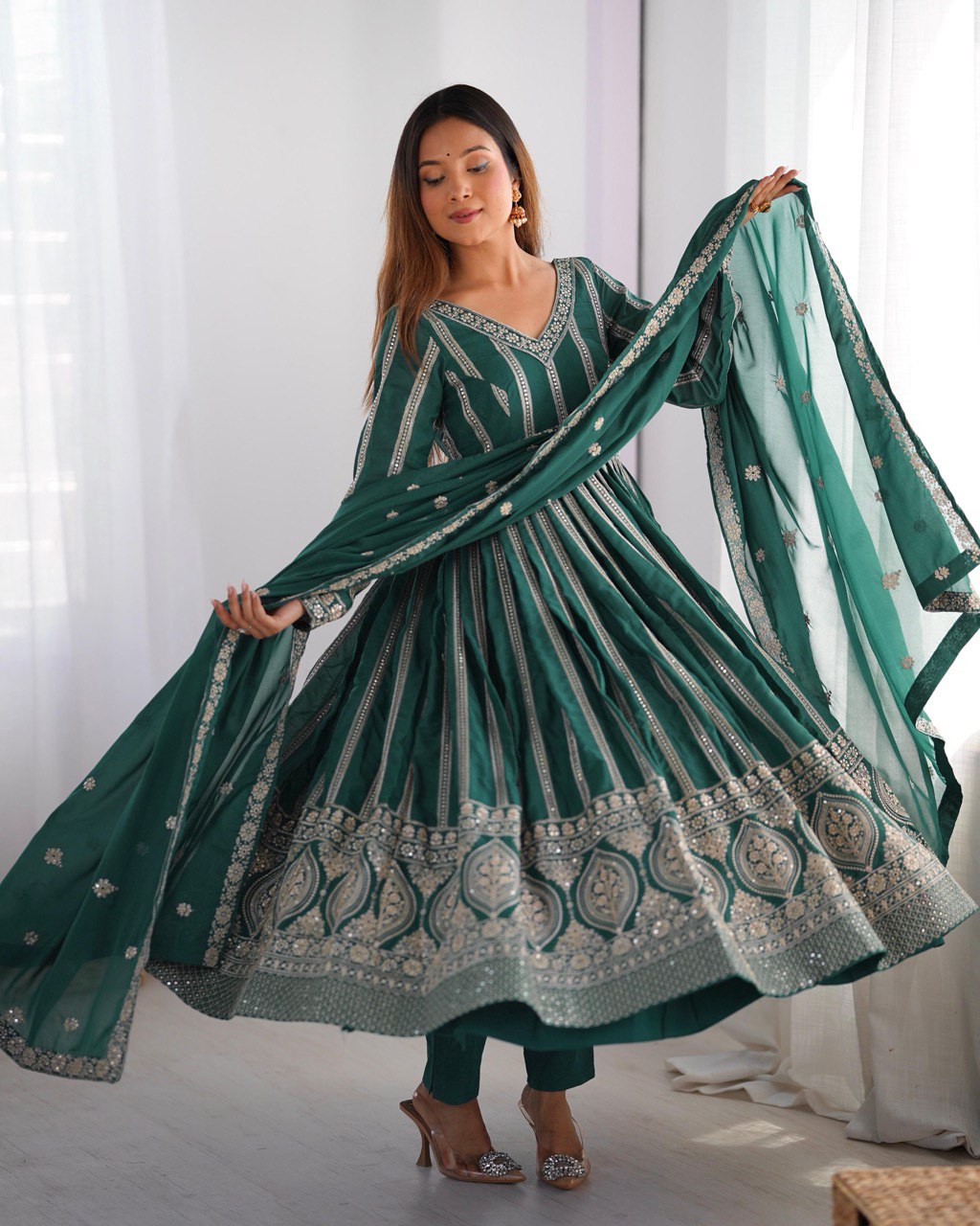 Festive Wear Green Color Star Georgette  Thread And Sequence Work Anarkali Suit