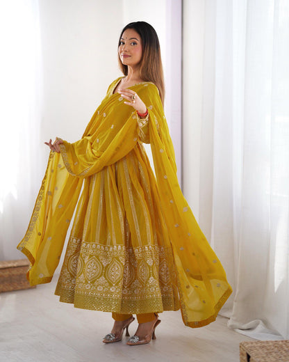 Festive Wear Yellow Color Star Georgette Thread And Sequence Work Anarkali Suit