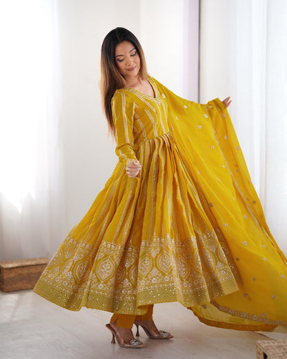 Festive Wear Yellow Color Star Georgette Thread And Sequence Work Anarkali Suit