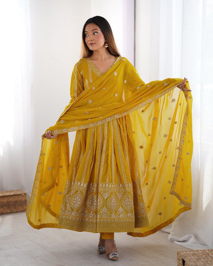 Festive Wear Yellow Color Star Georgette Thread And Sequence Work Anarkali Suit