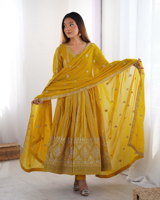 Festive Wear Yellow Color Star Georgette Thread And Sequence Work Anarkali Suit