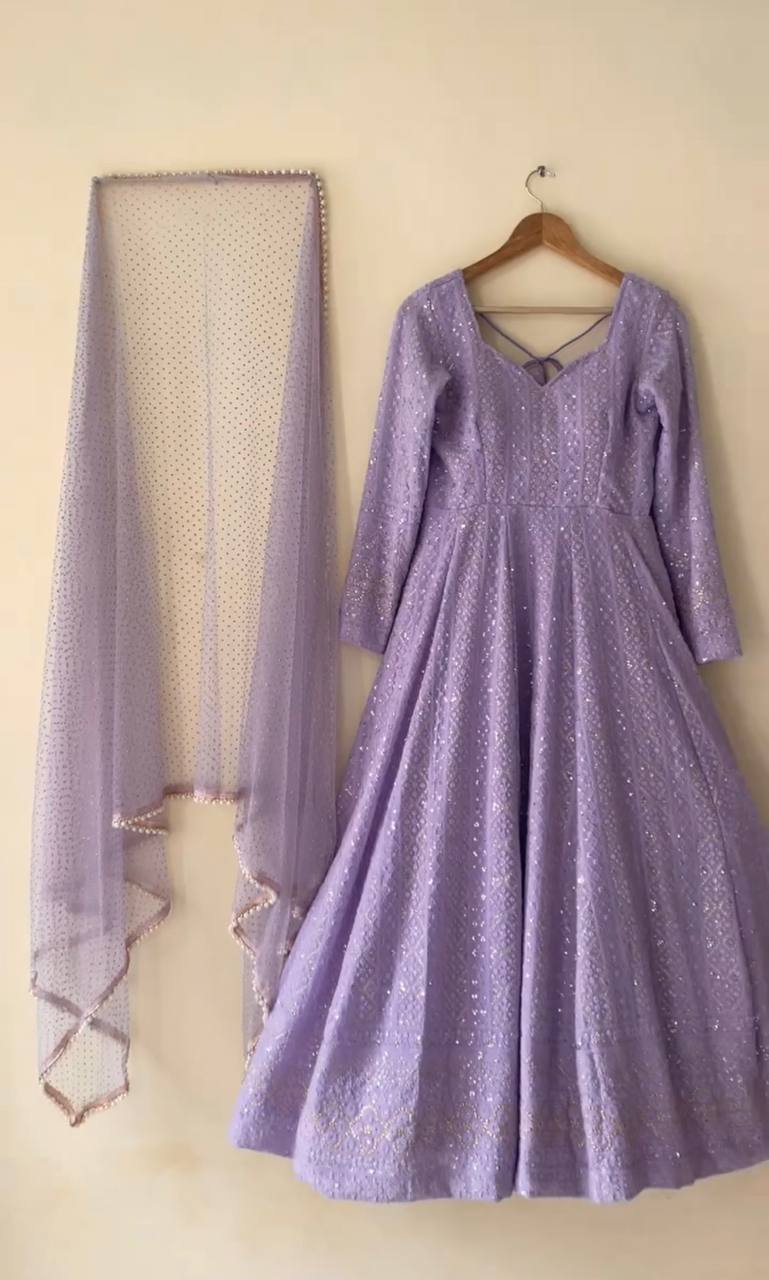 Wedding Wear Lavender Color Soft Georgette Embroidered Designer Gown