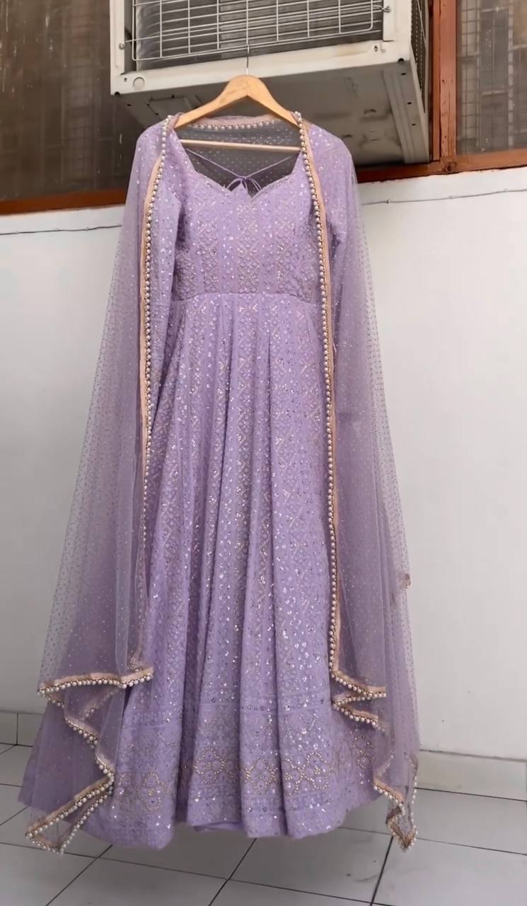 Wedding Wear Lavender Color Soft Georgette Embroidered Designer Gown