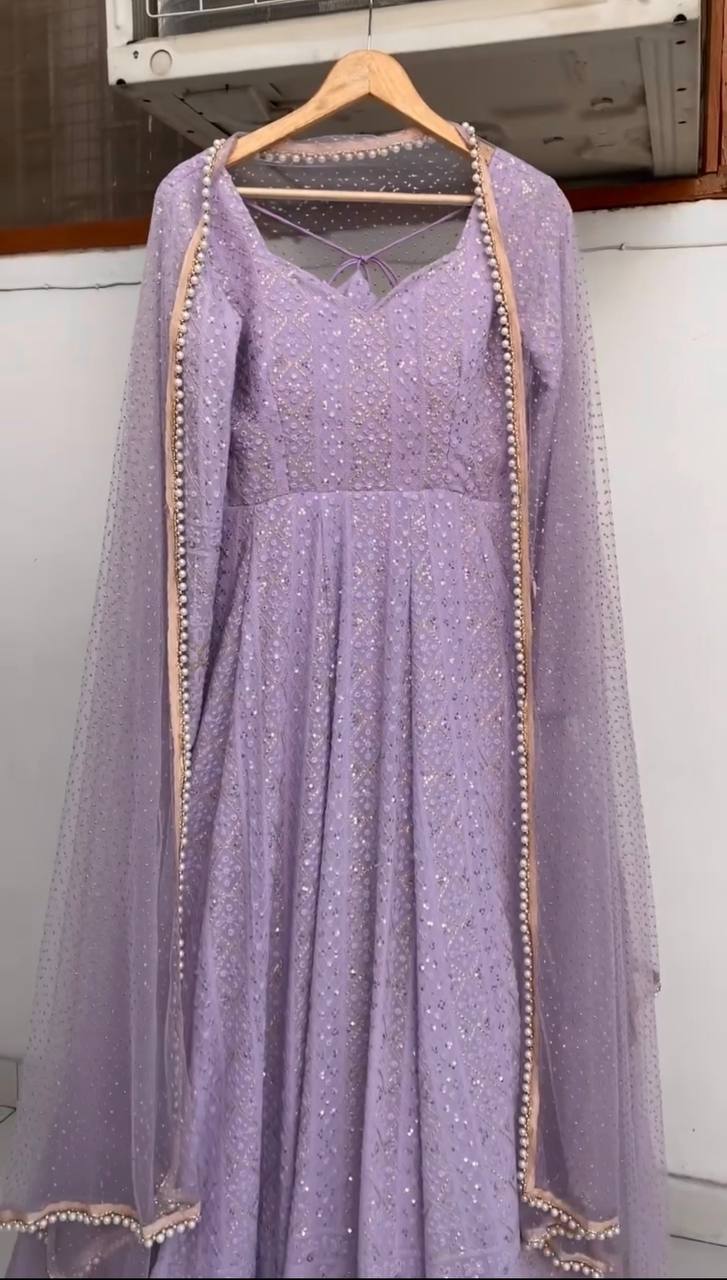Wedding Wear Lavender Color Soft Georgette Embroidered Designer Gown
