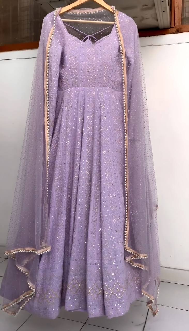 Wedding Wear Lavender Color Soft Georgette Embroidered Designer Gown