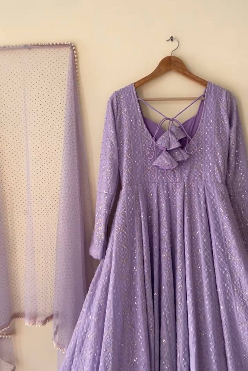 Wedding Wear Lavender Color Soft Georgette Embroidered Designer Gown