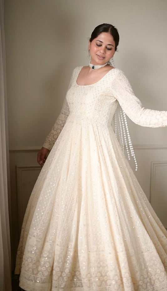Wedding Wear White Color Soft Georgette Embroidered Designer Gown