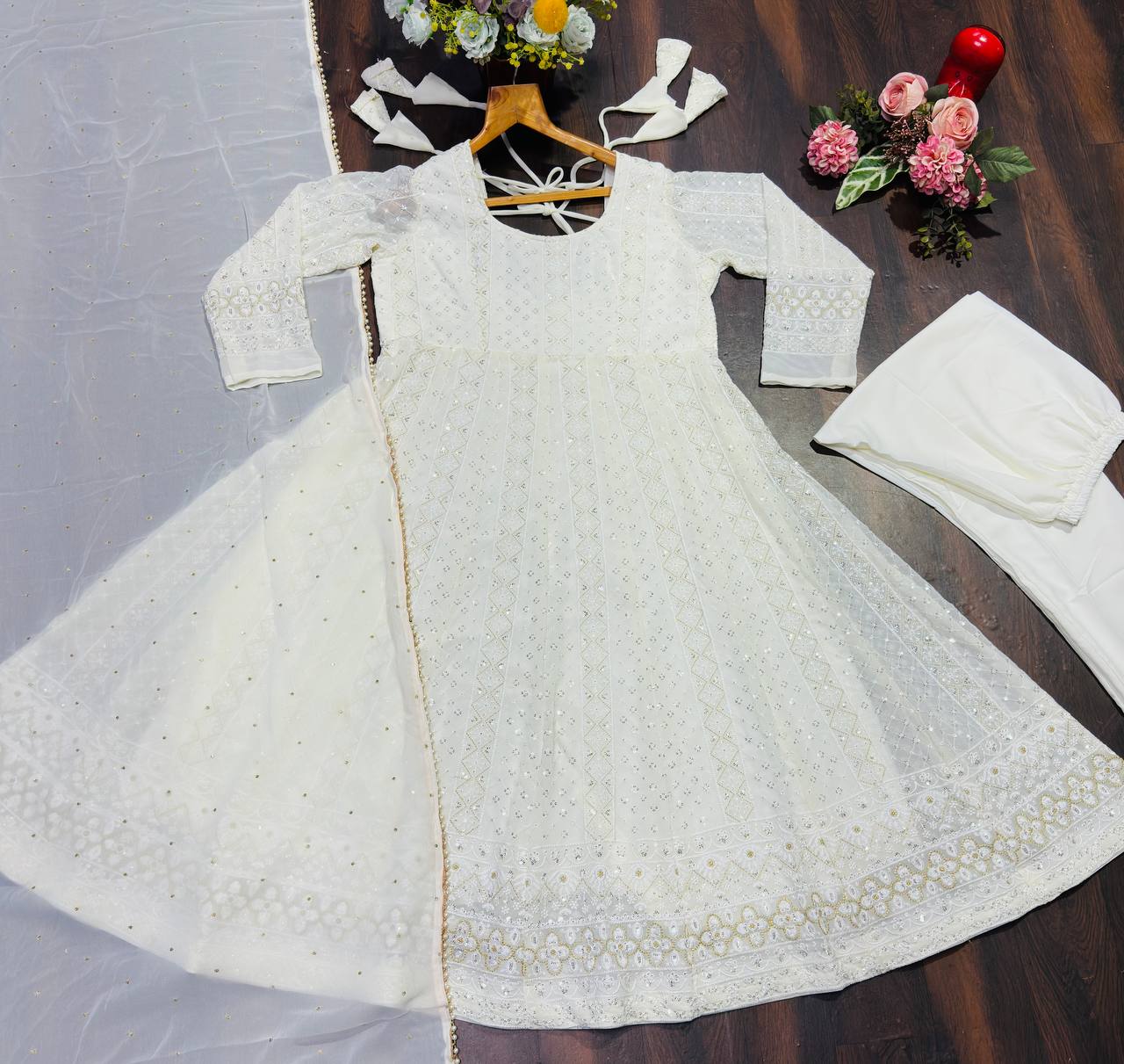 Wedding Wear White Color Soft Georgette Embroidered Designer Gown