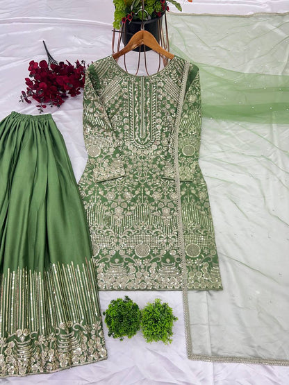 Ceremony Wear Green Color Pure Chinon Silk With Embroidery Sequence With Moti Work Sharara Suit