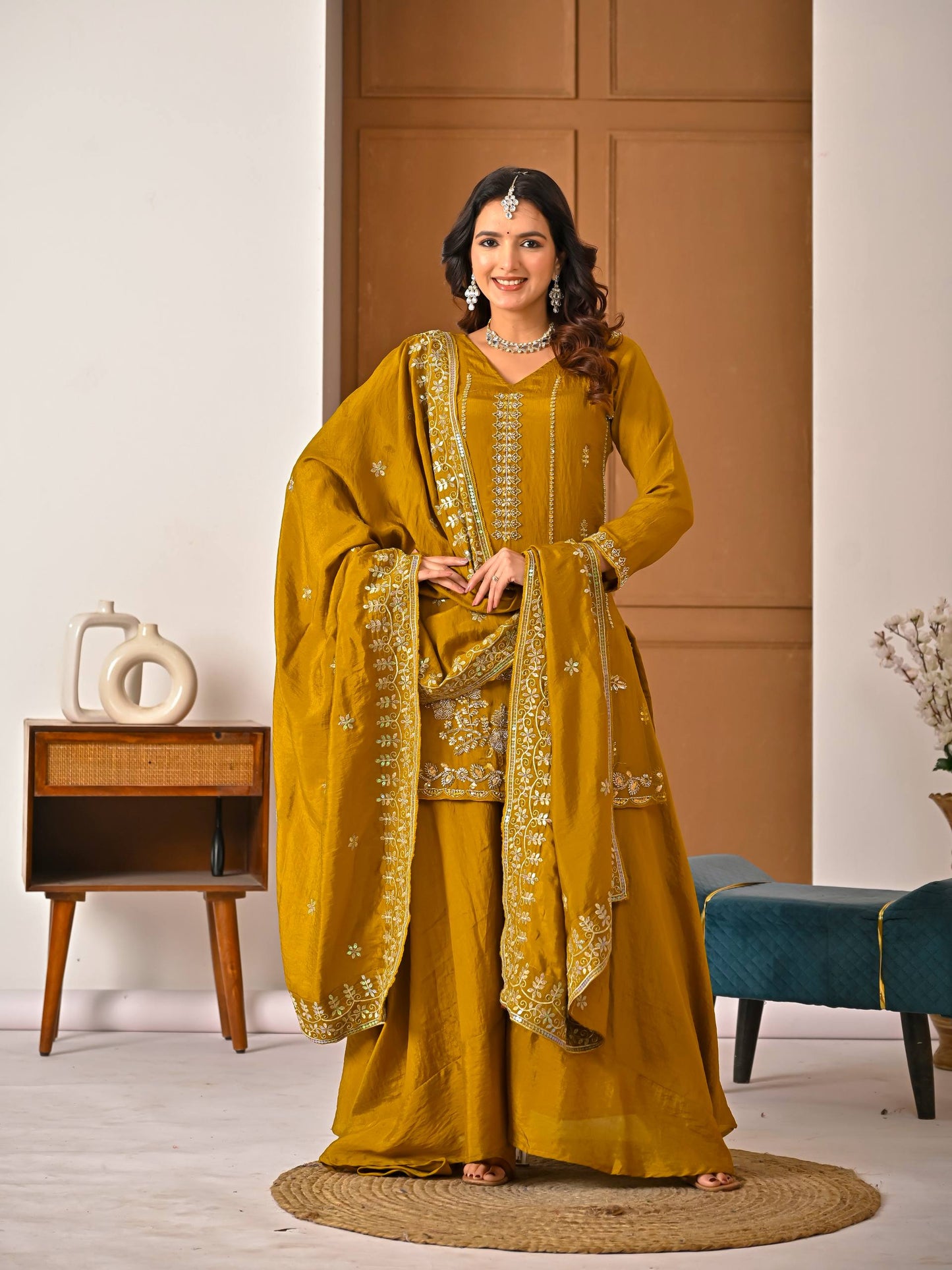 Ceremony Wear Yellow Vichitra Silk With Handwork Sharara Suit