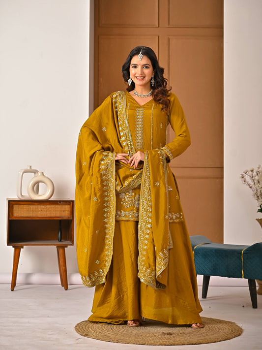 Ceremony Wear Yellow Vichitra Silk With Handwork Sharara Suit