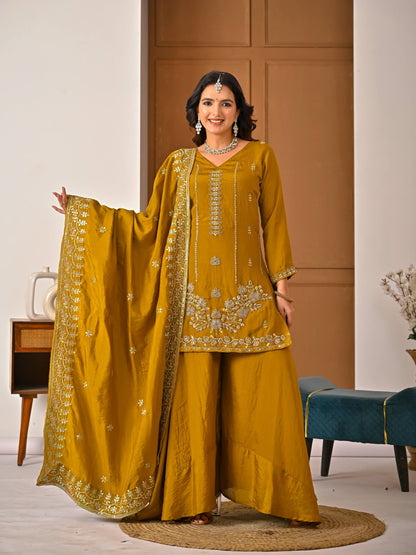 Ceremony Wear Yellow Vichitra Silk With Handwork Sharara Suit