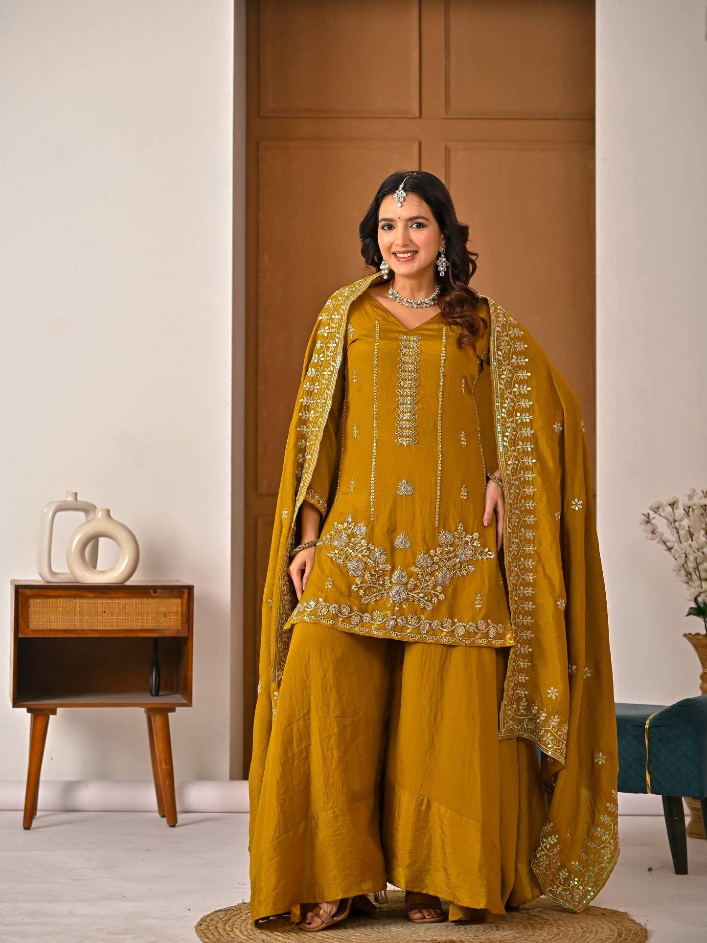 Ceremony Wear Yellow Vichitra Silk With Handwork Sharara Suit