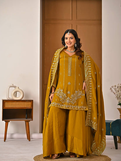 Ceremony Wear Yellow Vichitra Silk With Handwork Sharara Suit